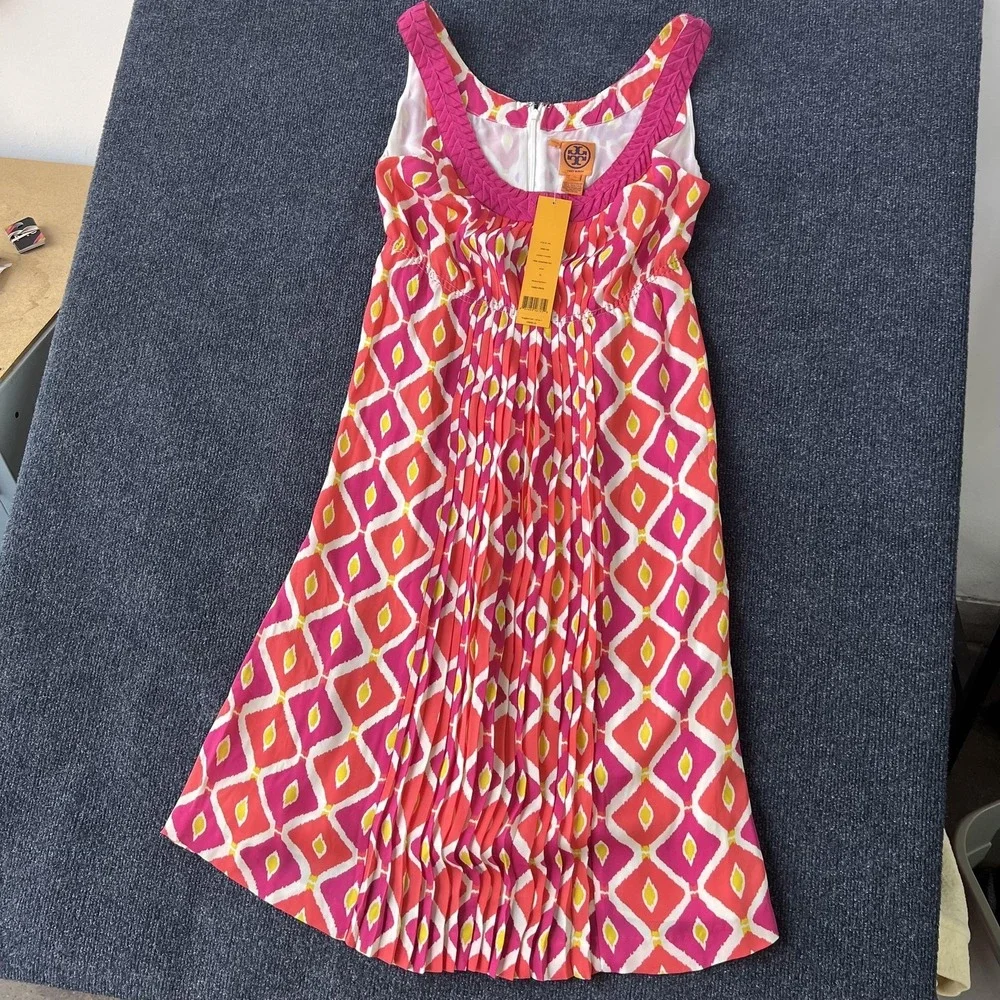 Tory Burch Dress Womens 10 Pink‎ Diamond 981 Fiora Sleeveless Pleated Ikat Lined